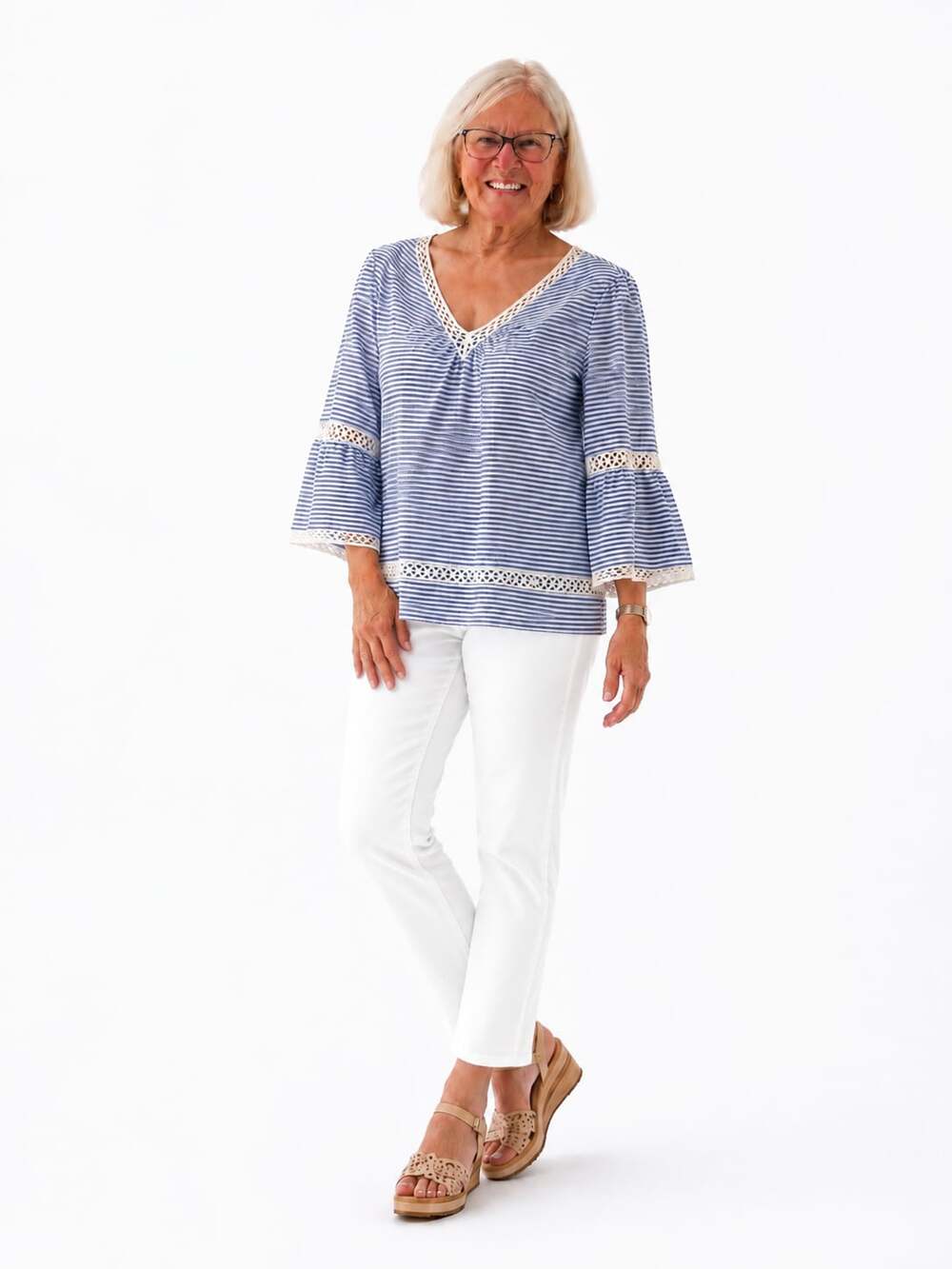 Chico's Blue and White Striped Linen V-Neck Top with Macrame Crochet Trim